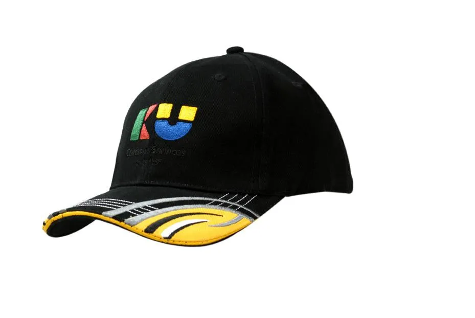 BRUSHED HEAVY COTTON CAP WITH SANDWICH TRIM AND FABRIC INSERTS & EMBROIDERY DESIGN ON PEAK