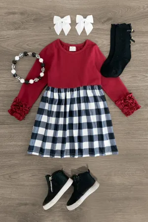 Burgundy & Buffalo Plaid Ruffle Dress