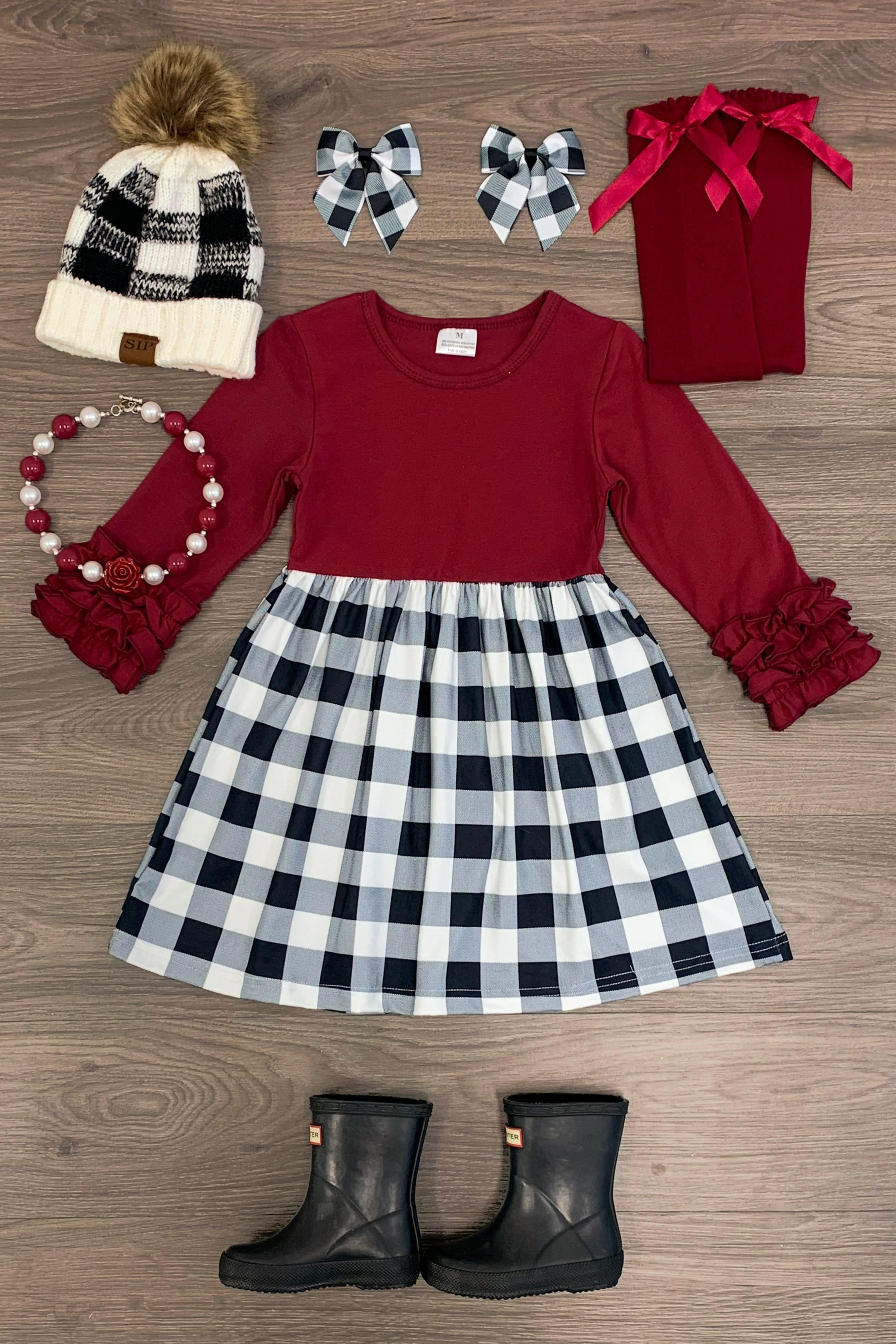 Burgundy & Buffalo Plaid Ruffle Dress