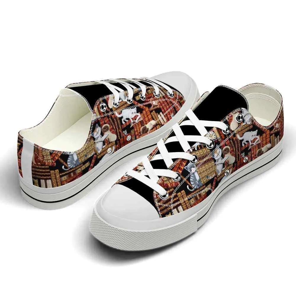 Cat Vintage Library Low Top Shoes  - Happy International Dog Day Canvas Sneaker, Cat Canvas Shoes