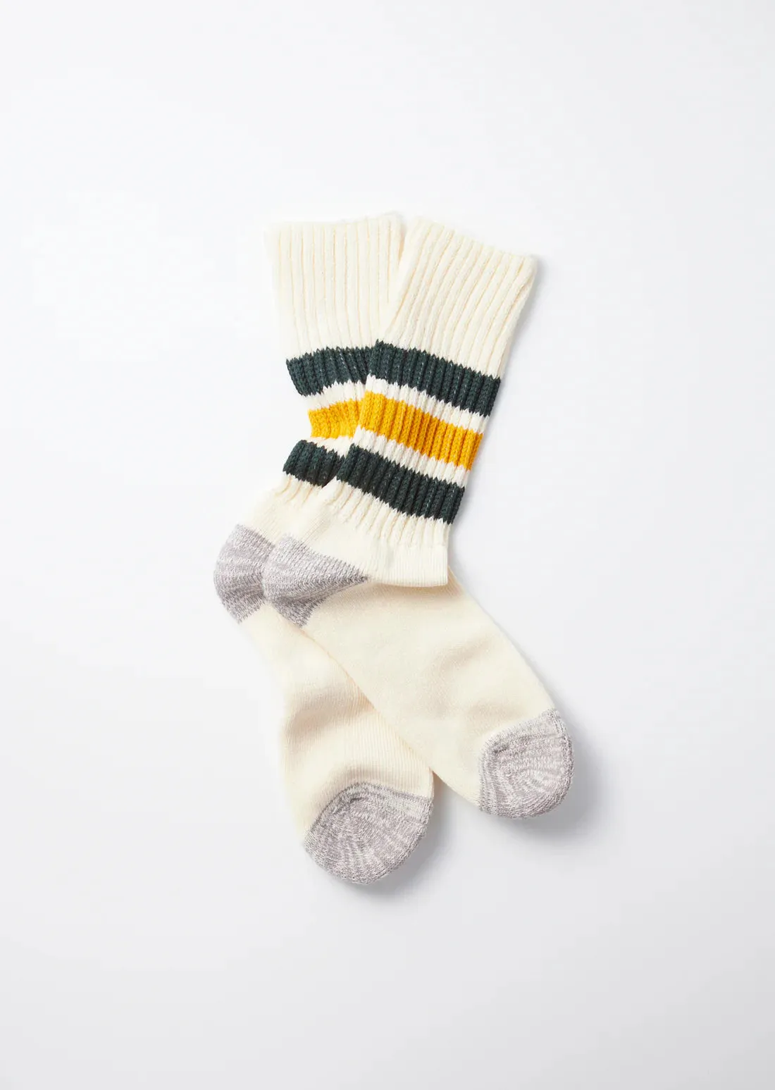 Coarse Ribbed Old School Crew Socks in Dark Green/ Yellow