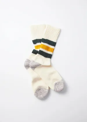 Coarse Ribbed Old School Crew Socks in Dark Green/ Yellow