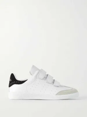 Crystal-detailed suede-trimmed leather trainers