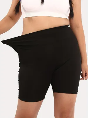 Curve Control Women's Plus Solid High Rise Skinny Shorts with Wide Band Waist for Active Comfort