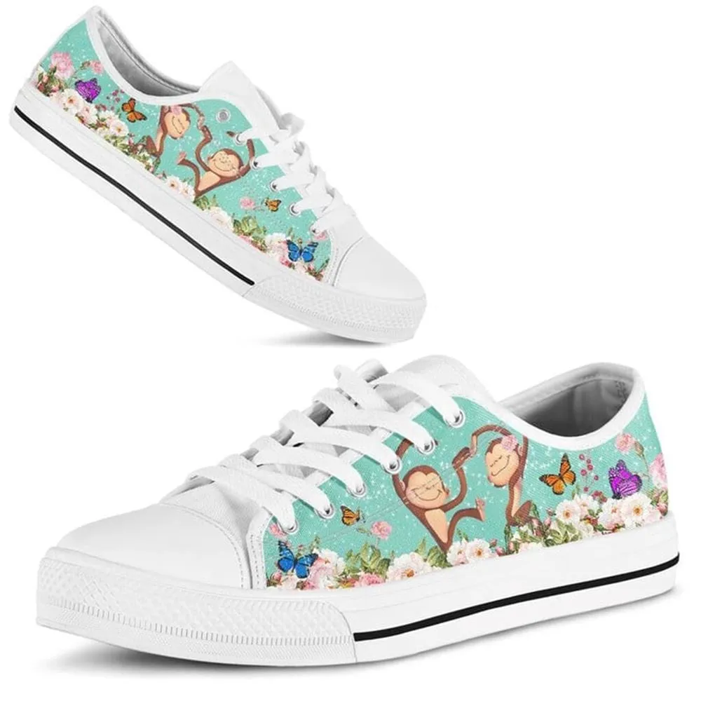 Cute Couple Monkey Love Flower Watercolor Low Top Shoes, Animal Print Canvas Shoes, Print On Canvas Shoes