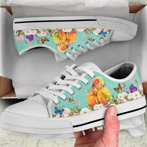 Cute Couple Parrot Love Flower Watercolor Low Top Shoes, Animal Print Canvas Shoes, Print On Canvas Shoes