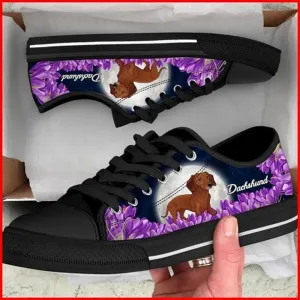 Dachshund And Purple Flower Canvas Low Top Shoes - Low Top Shoes Mens, Women, Dog Printed Shoes, Canvas Shoes For Men, Women