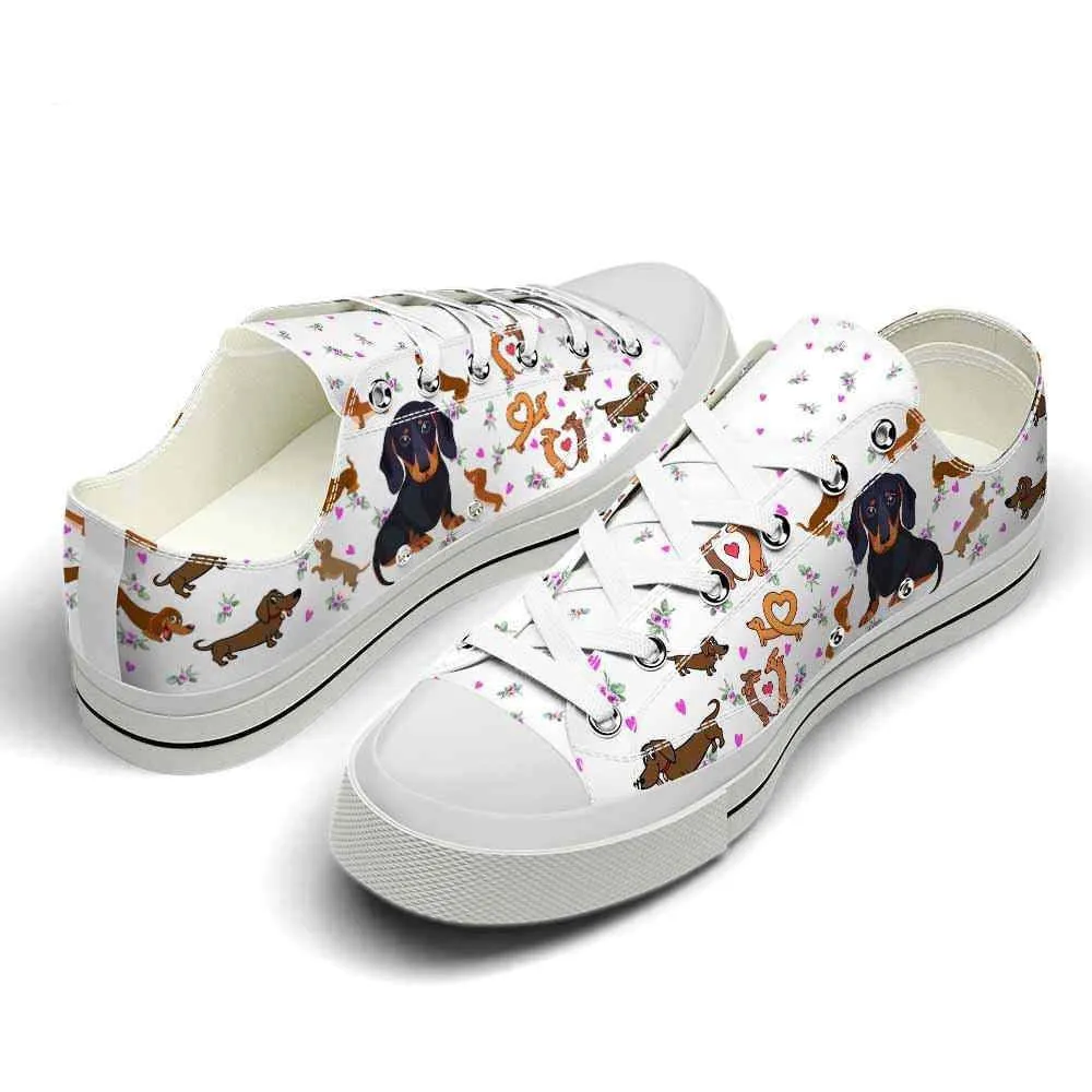 Dachshund Heart Love Pattern Low Top Shoes - Happy International Dog Day Canvas Sneaker, Dog Printed Shoes, Canvas Shoes For Men, Women