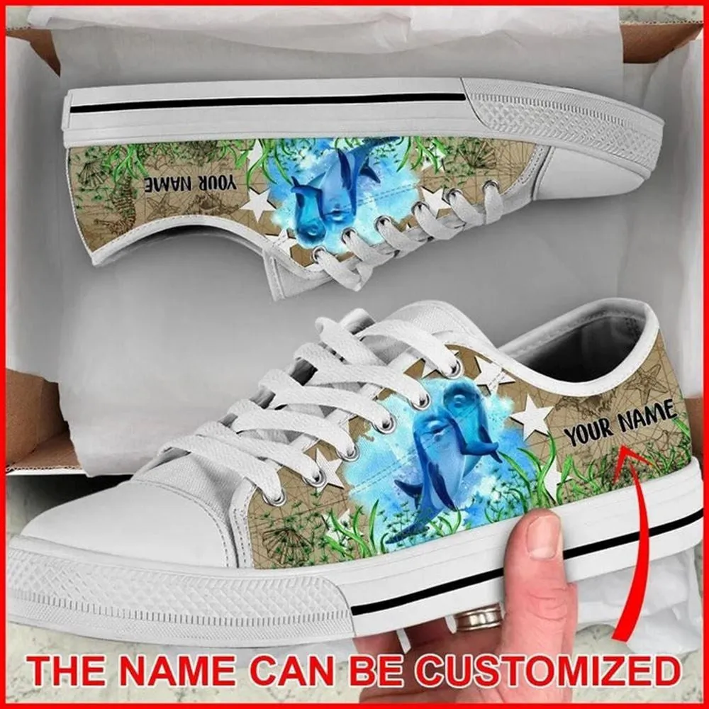 Dolphin Vintage Map Sea Canvas Low Top Shoes, Animal Print Canvas Shoes, Print On Canvas Shoes