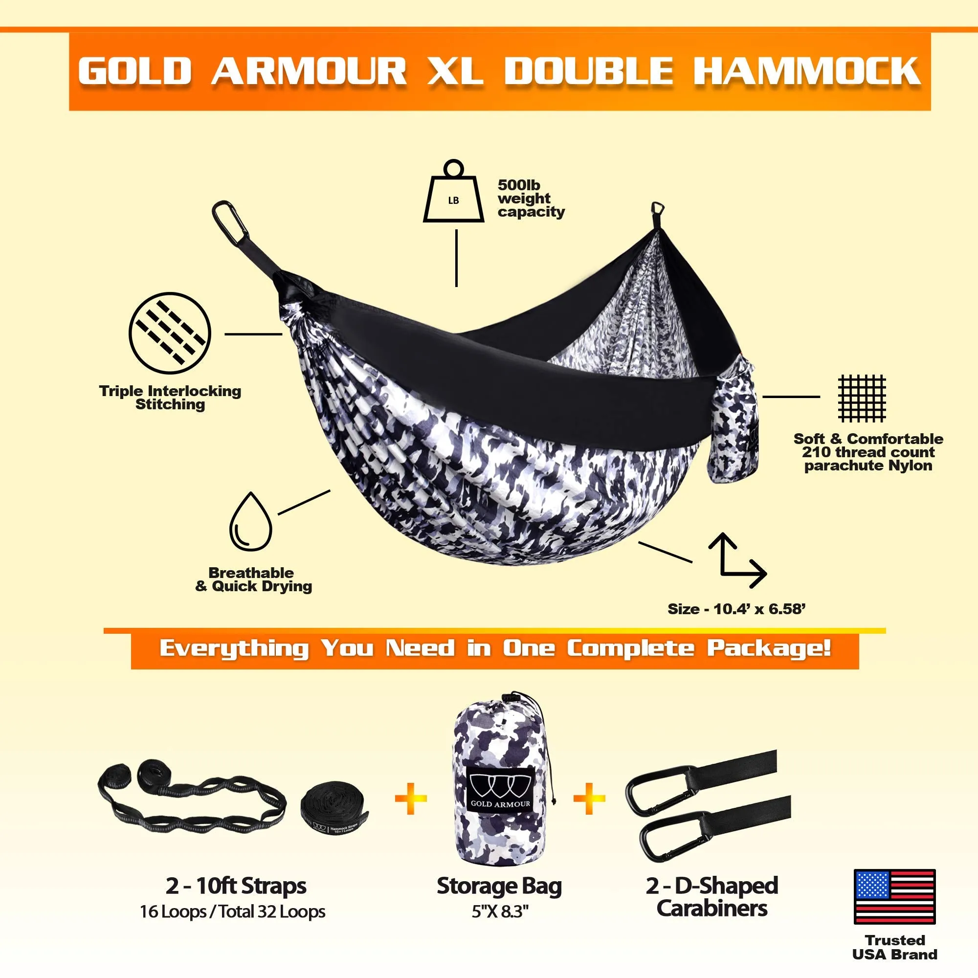 Double Parachute Camping Hammock - Gold Armour