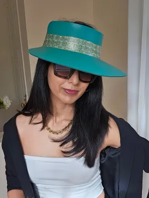 Emerald Green LadyEVA Visor Hat with Golden Band and Handpainted Floral Motif