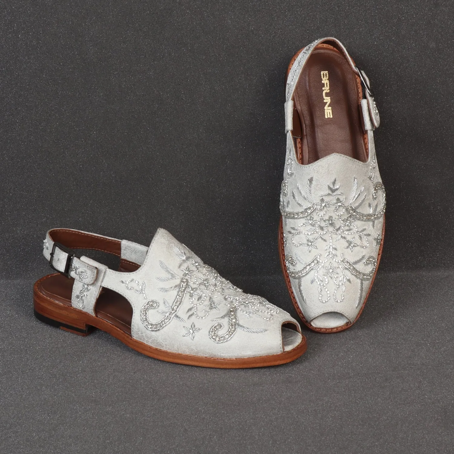 Full Zardosi Peshawari White Sandal with Gunmetal Buckle