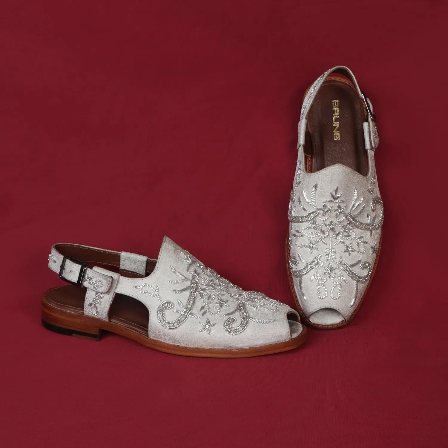 Full Zardosi Peshawari White Sandal with Gunmetal Buckle