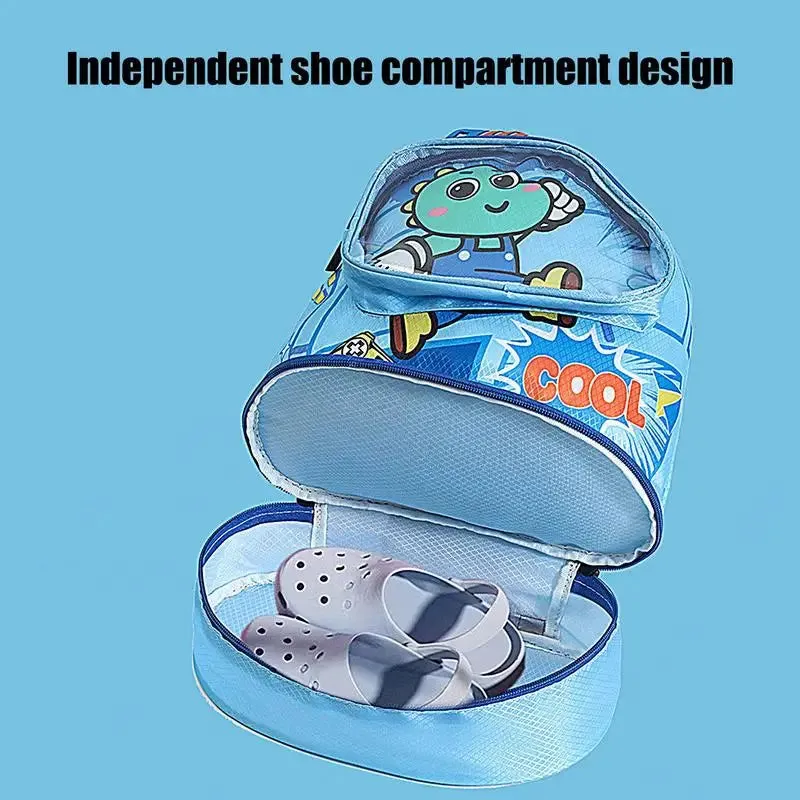 Fun Cartoon Kids Swim Backpack with Wet/Dry Storage & Shoe Pocket