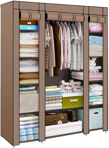 Generic Fabric Canvas Wardrobe Organizers Clothes Rail Shelves Storage Closet Triple (Brown), 63-64-65-66A