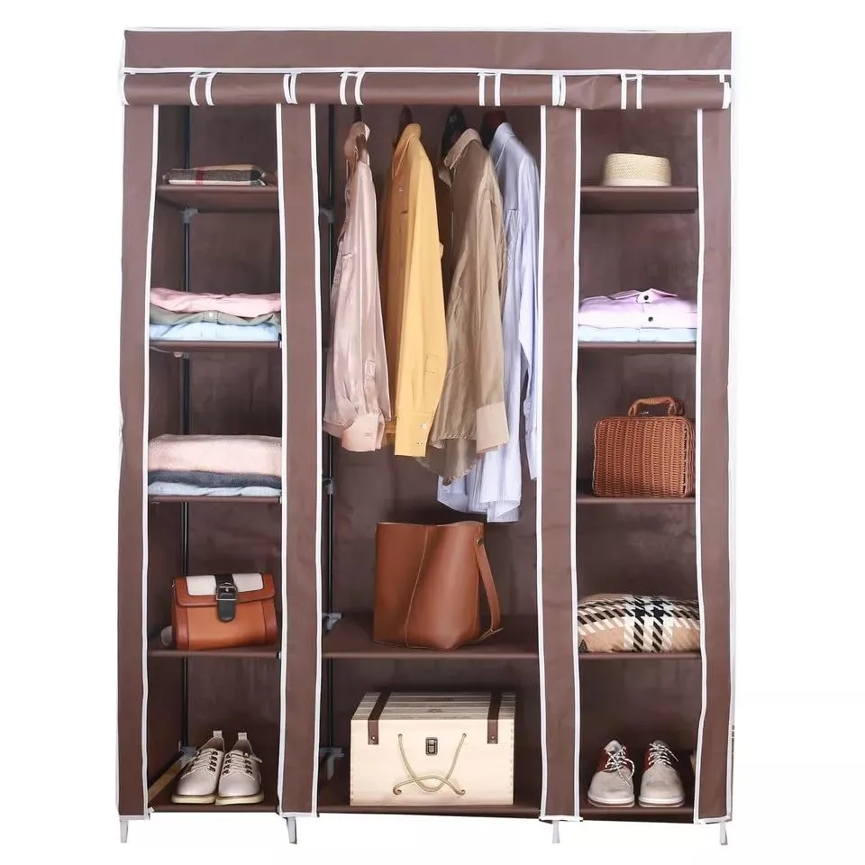 Generic Fabric Canvas Wardrobe Organizers Clothes Rail Shelves Storage Closet Triple (Brown), 63-64-65-66A