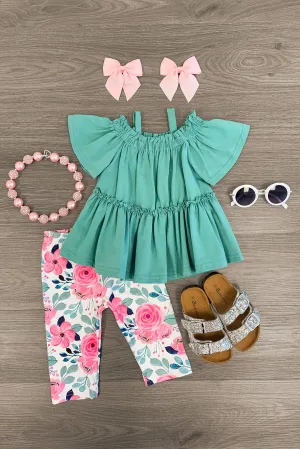 Green & Pink Floral Cold Shoulder Capri Set