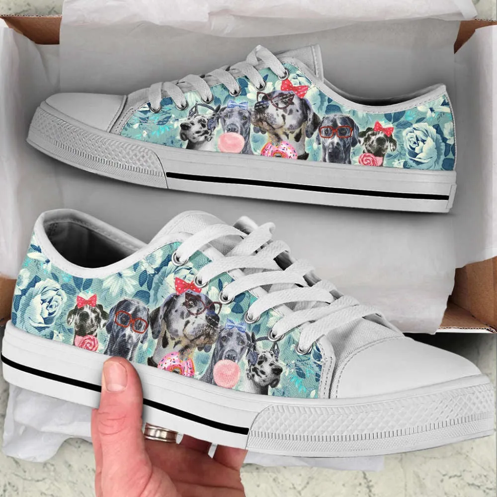 Harlequin Great Dane & Blue Dane Dog Flowers Pattern Low Top Shoes, Dog Printed Shoes, Canvas Shoes For Men, Women