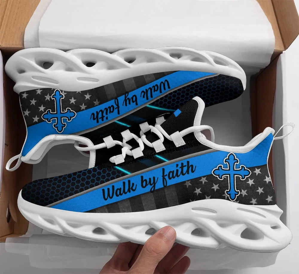 Jesus Blue Walk By Faith Running Sneakers Max Soul Shoes - Christian Shoes For Men And Women