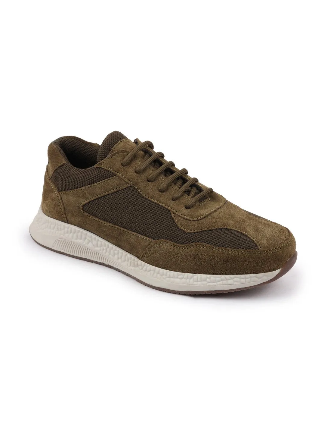 Men Olive Suede Leather Lace Up Casual Sneaker Shoes