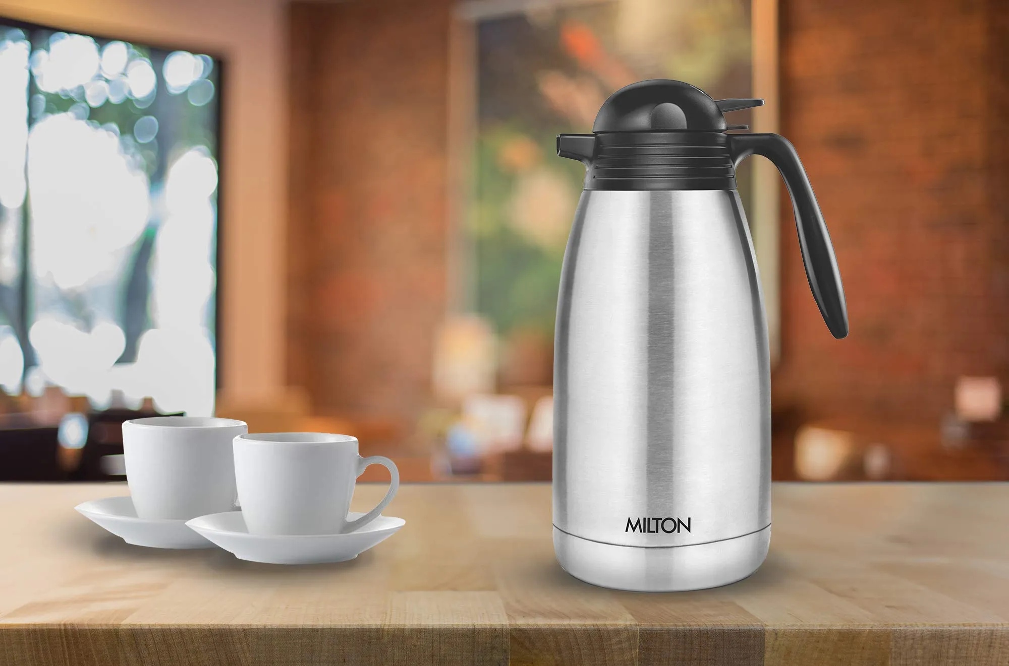 Milton Thermosteel Flip Lid Flask, 350 milliliters, Silver & Milton Thermosteel Carafe for 24 Hours Hot or Cold, 2000 ml, Silver