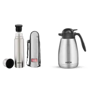 MILTON Thermosteel Plain Lid Flask, 500 ml, Plain Steel and Thermosteel Carafe 1500 ml, Steel Plain