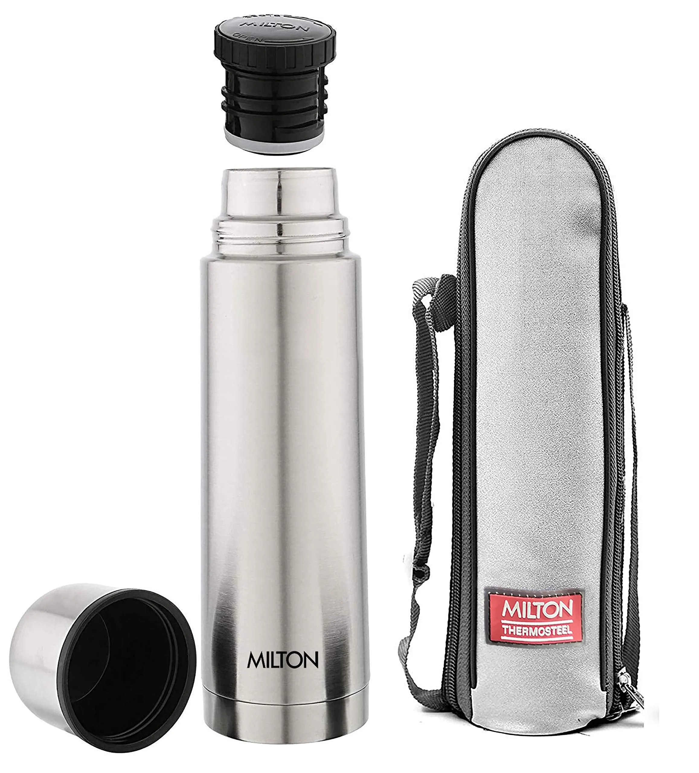 Milton Thermosteel Plain Lid Flask, 500 ml, Steel Plain & Milton Bottle Thermosteel Stainless Steel Duo 1800ml Water Bottle with Jacket 24 Hours Hot or Cold