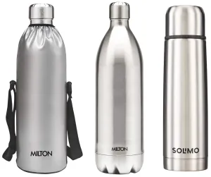 Milton Thermosteel Plain Lid Flask, 500 ml, Steel Plain & Milton Bottle Thermosteel Stainless Steel Duo 1800ml Water Bottle with Jacket 24 Hours Hot or Cold