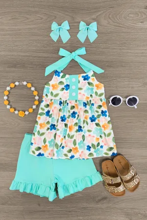 Mint Floral Halter Short Set