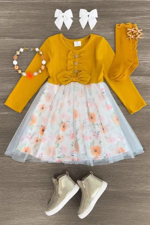 Mustard & White Floral Tulle Dress