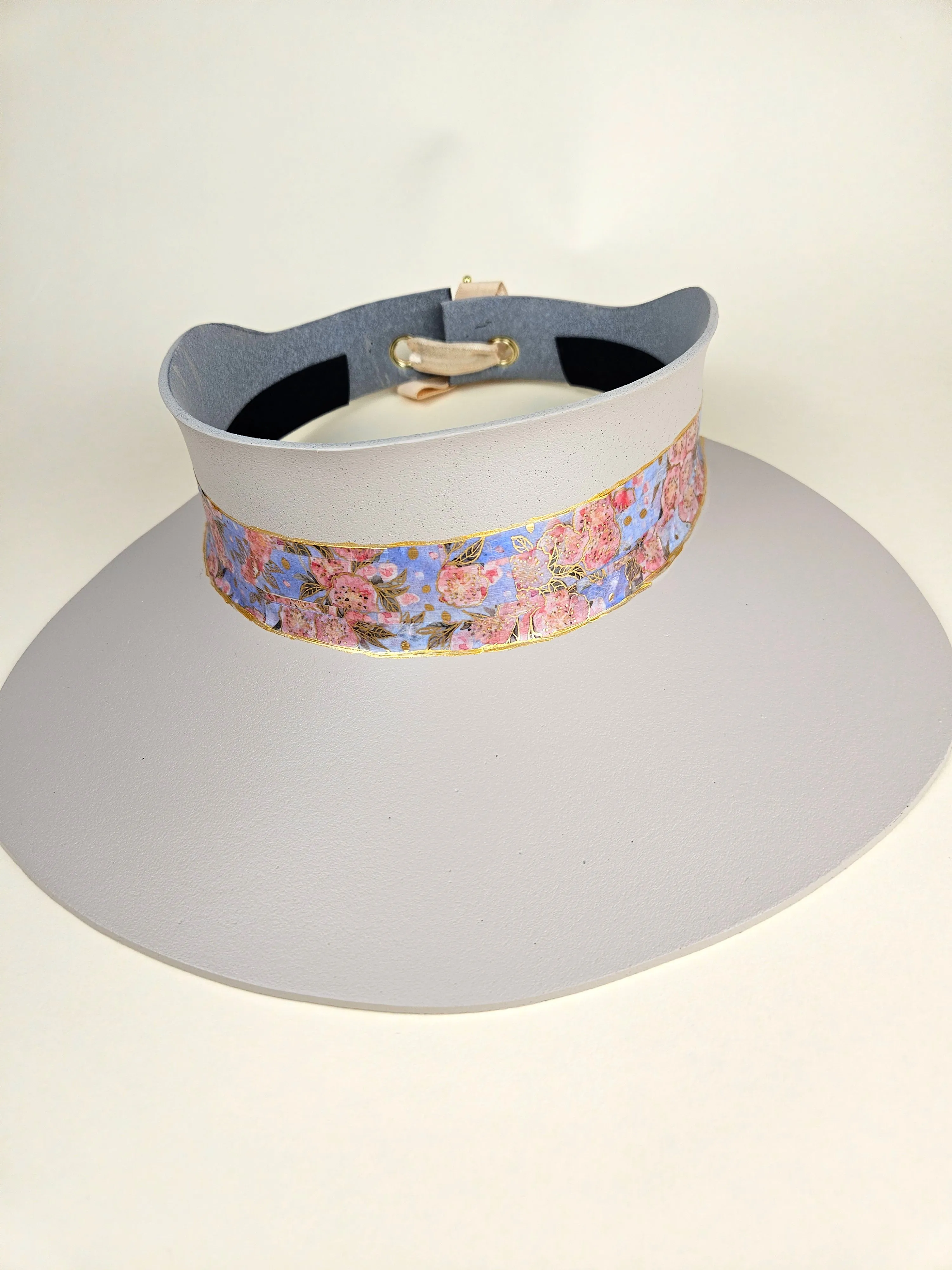 Peach Gray "LadyEVA" Visor Hat with Pink and Lavender Blue Floral Band