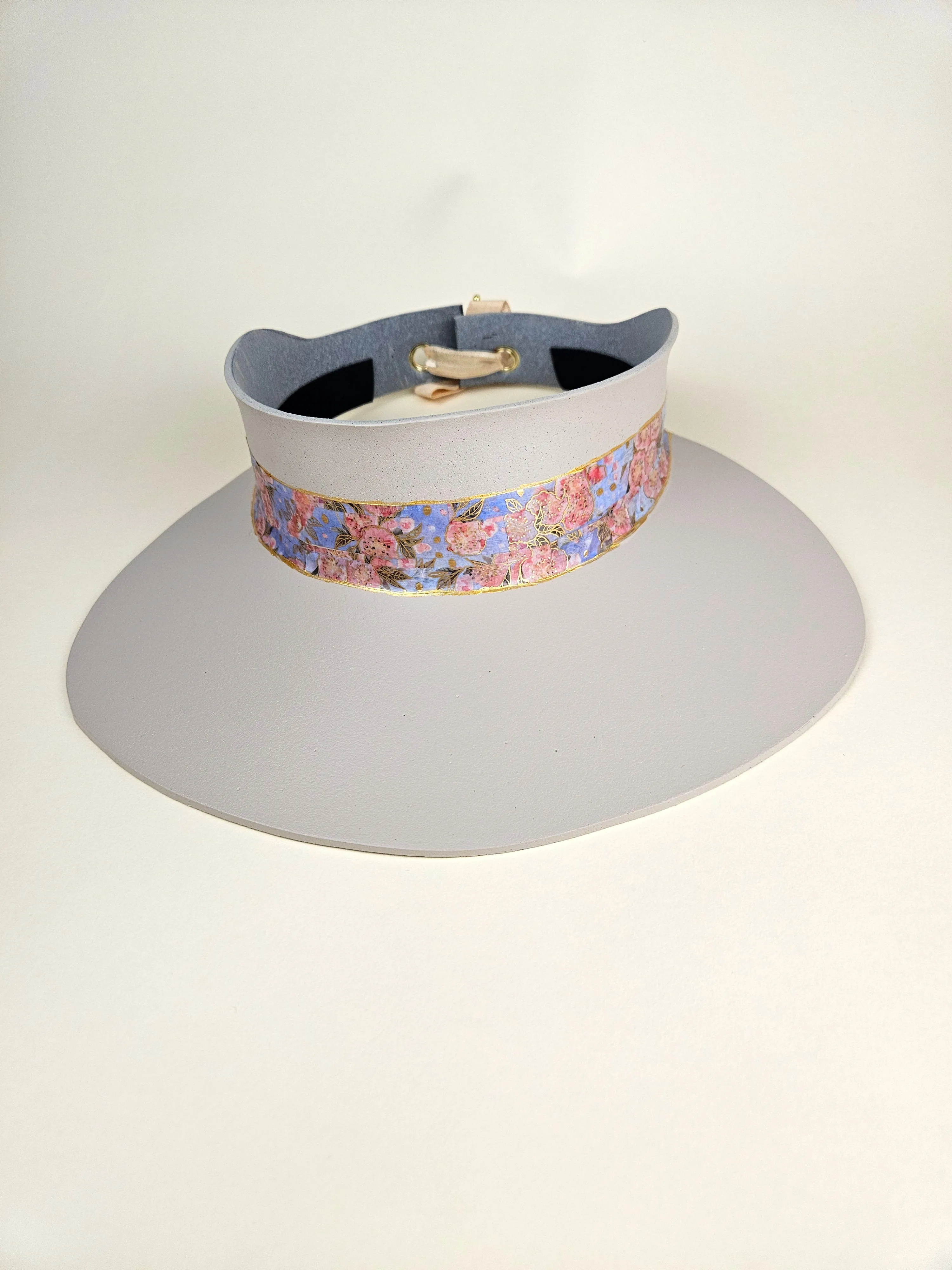 Peach Gray "LadyEVA" Visor Hat with Pink and Lavender Blue Floral Band