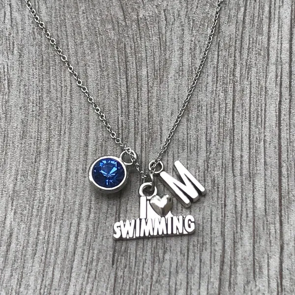 Personalized Girls Swim Necklace with Birthstone & Letter Charm