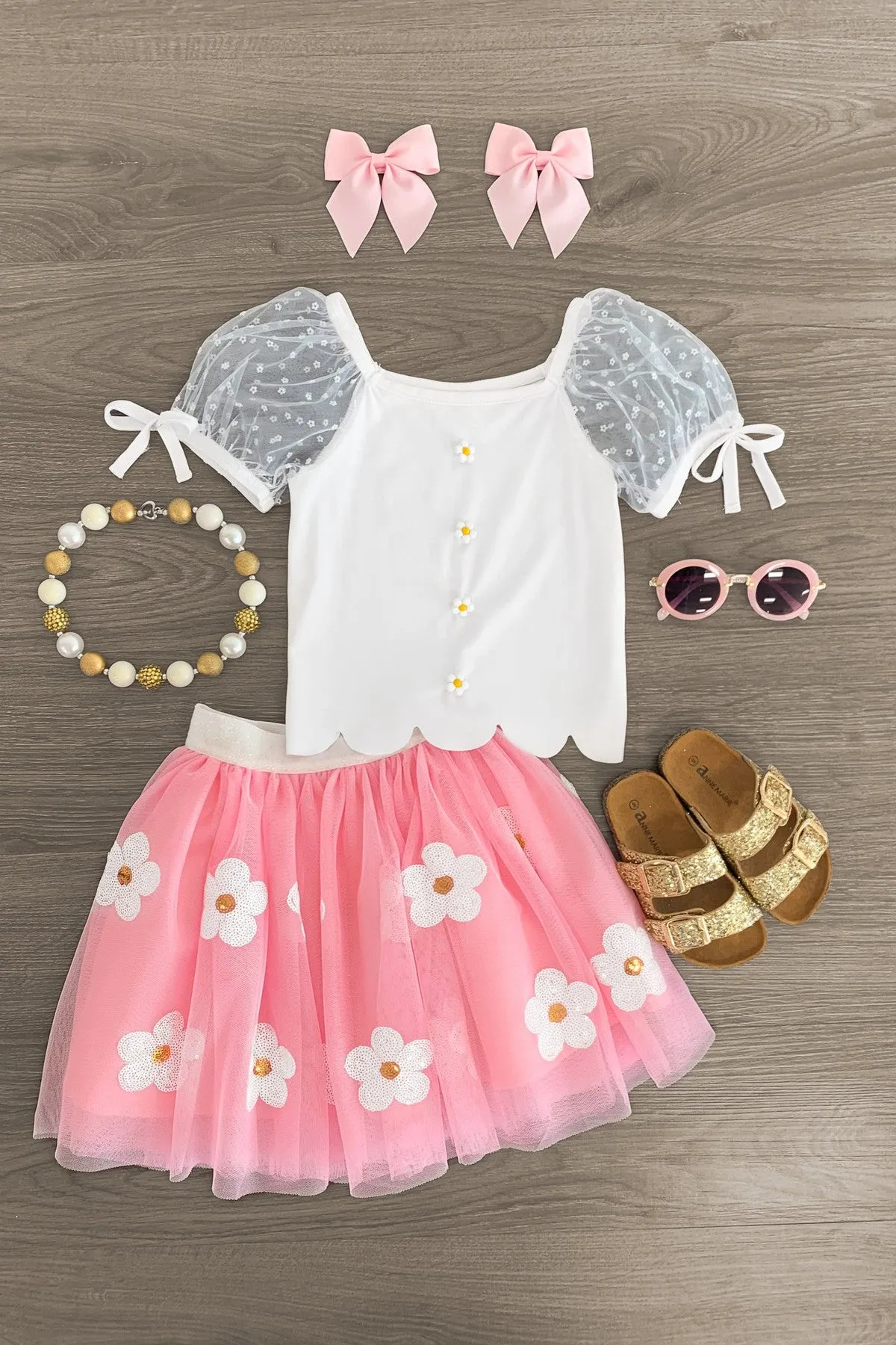 Pink & White Daisy Tutu Skirt Set