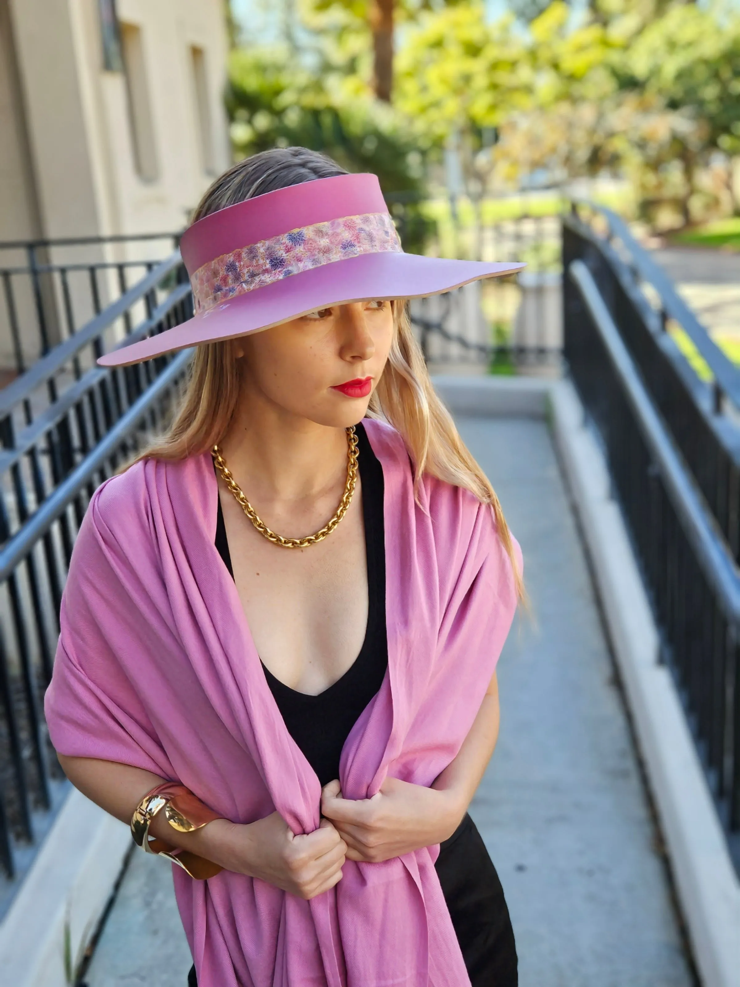 Pink Lotus Visor Hat with Floral Band and Handpainted Floral Motif