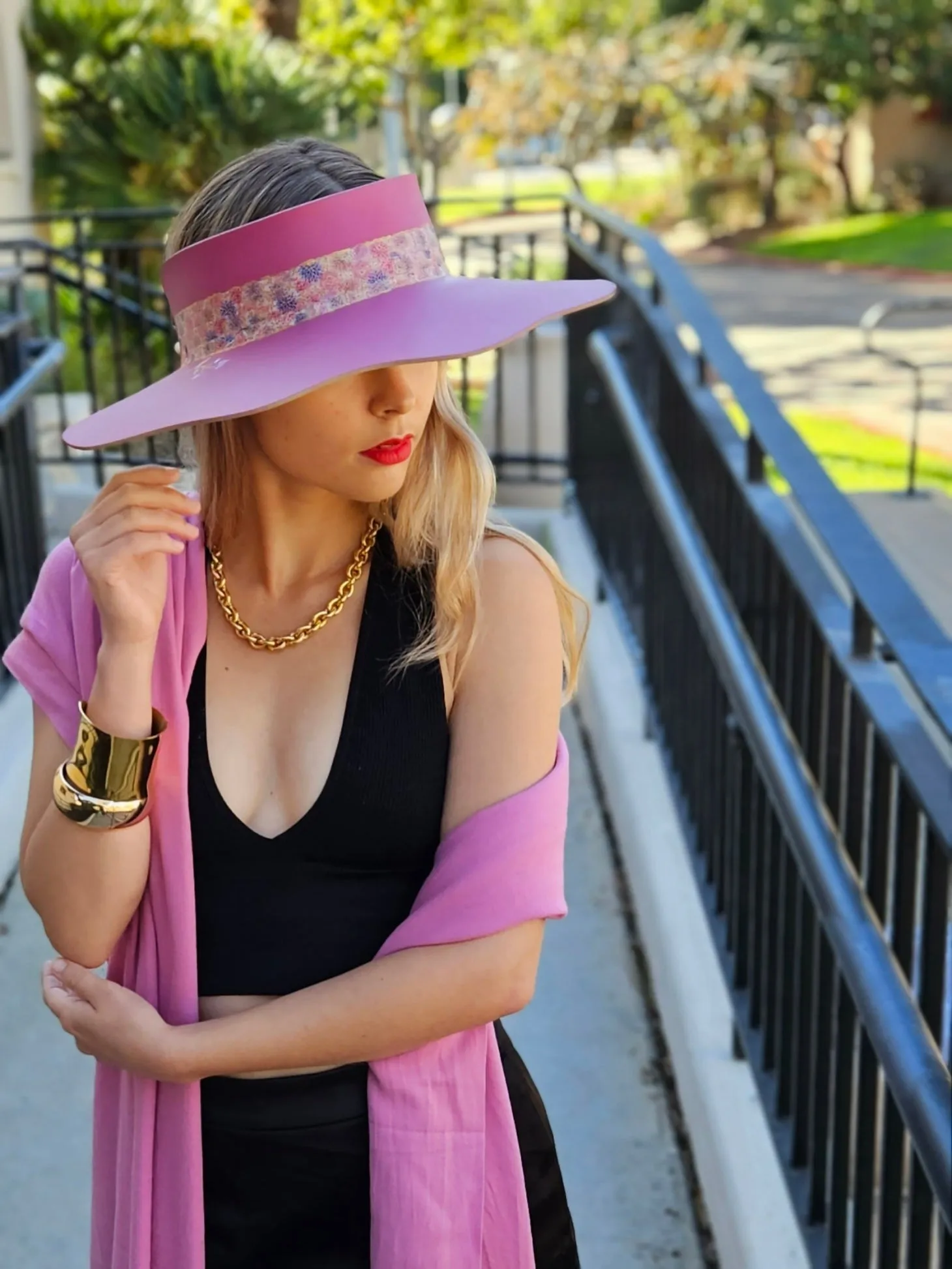 Pink Lotus Visor Hat with Floral Band and Handpainted Floral Motif