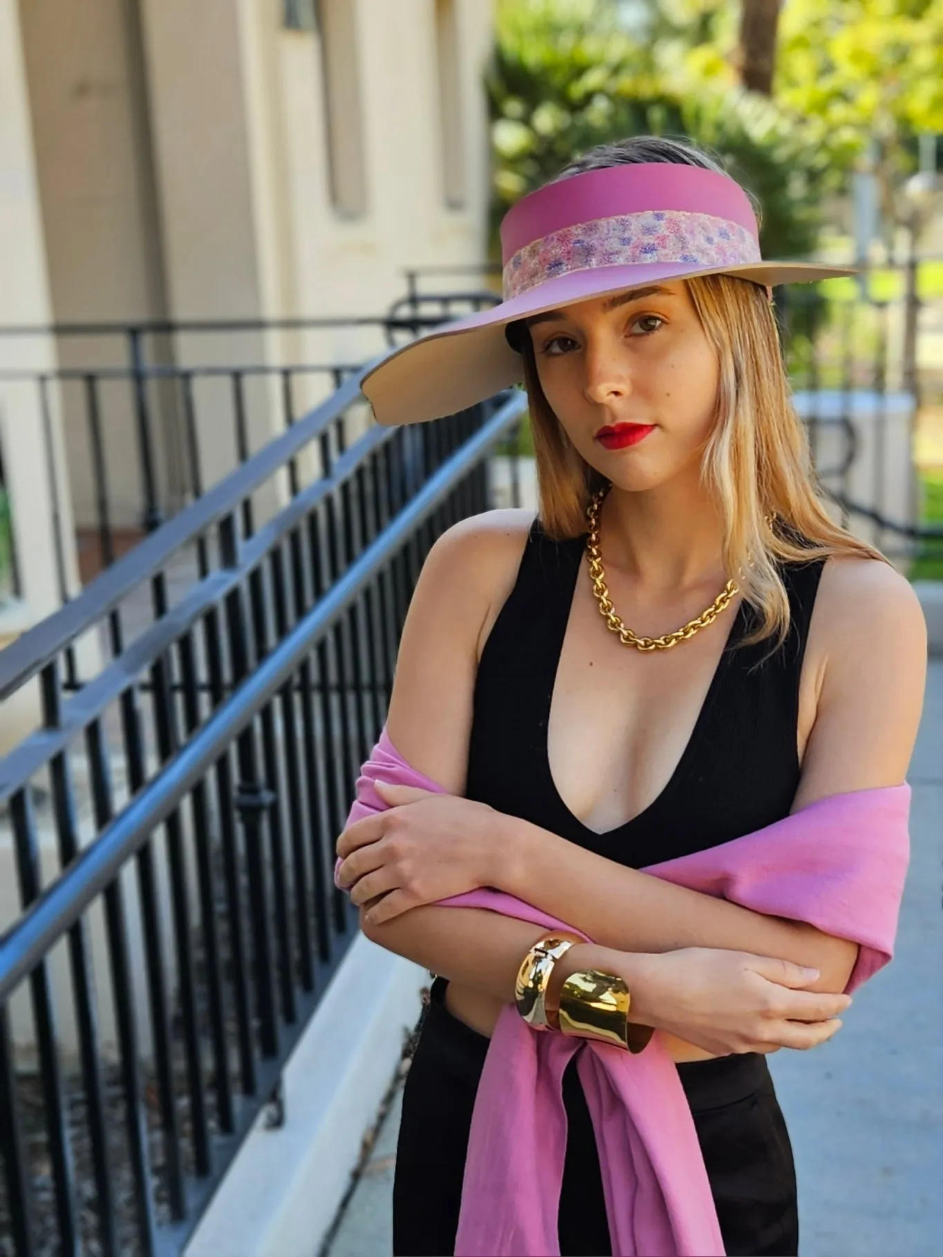 Pink Lotus Visor Hat with Floral Band and Handpainted Floral Motif