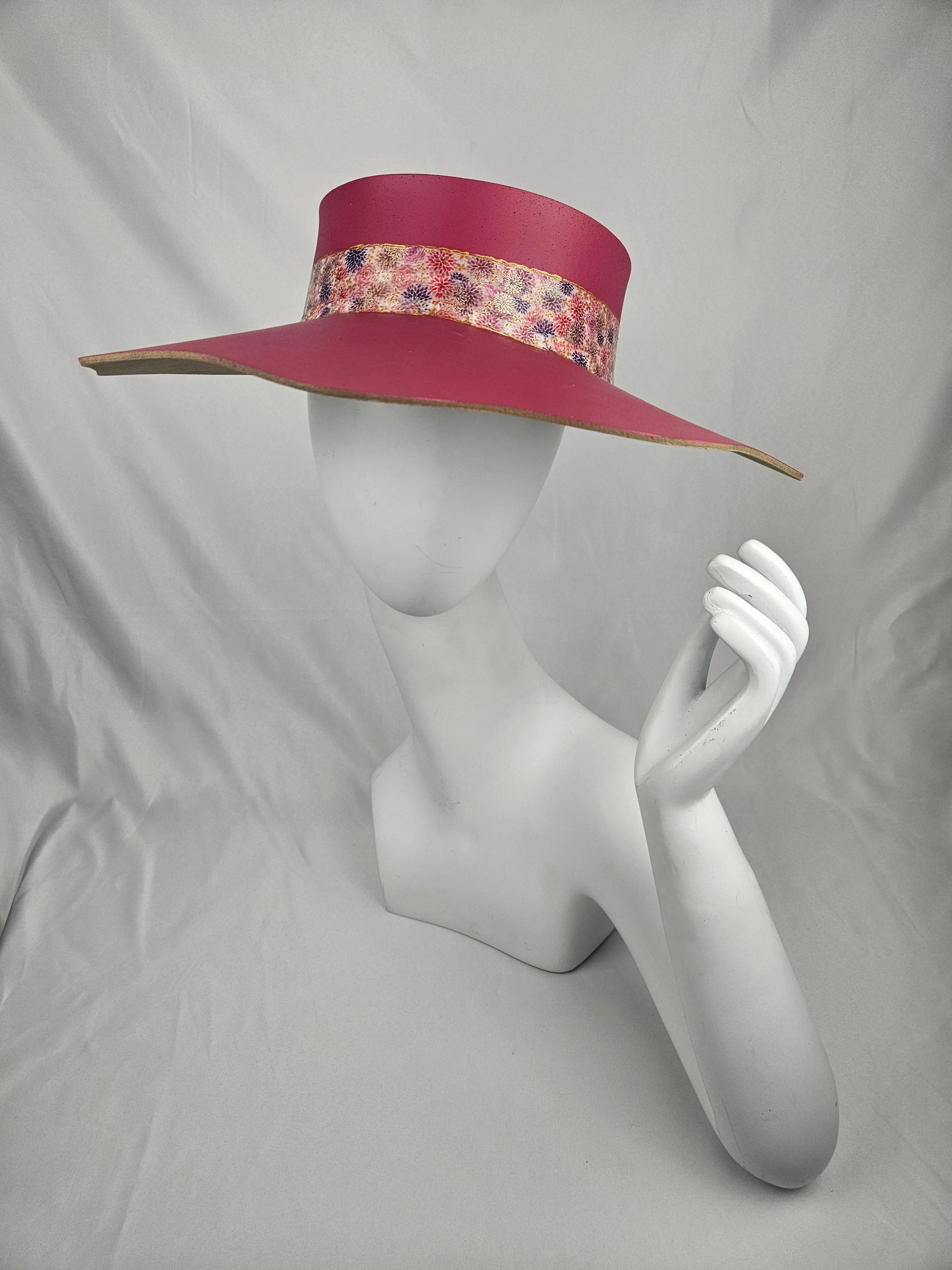 Pink Lotus Visor Hat with Floral Band and Handpainted Floral Motif