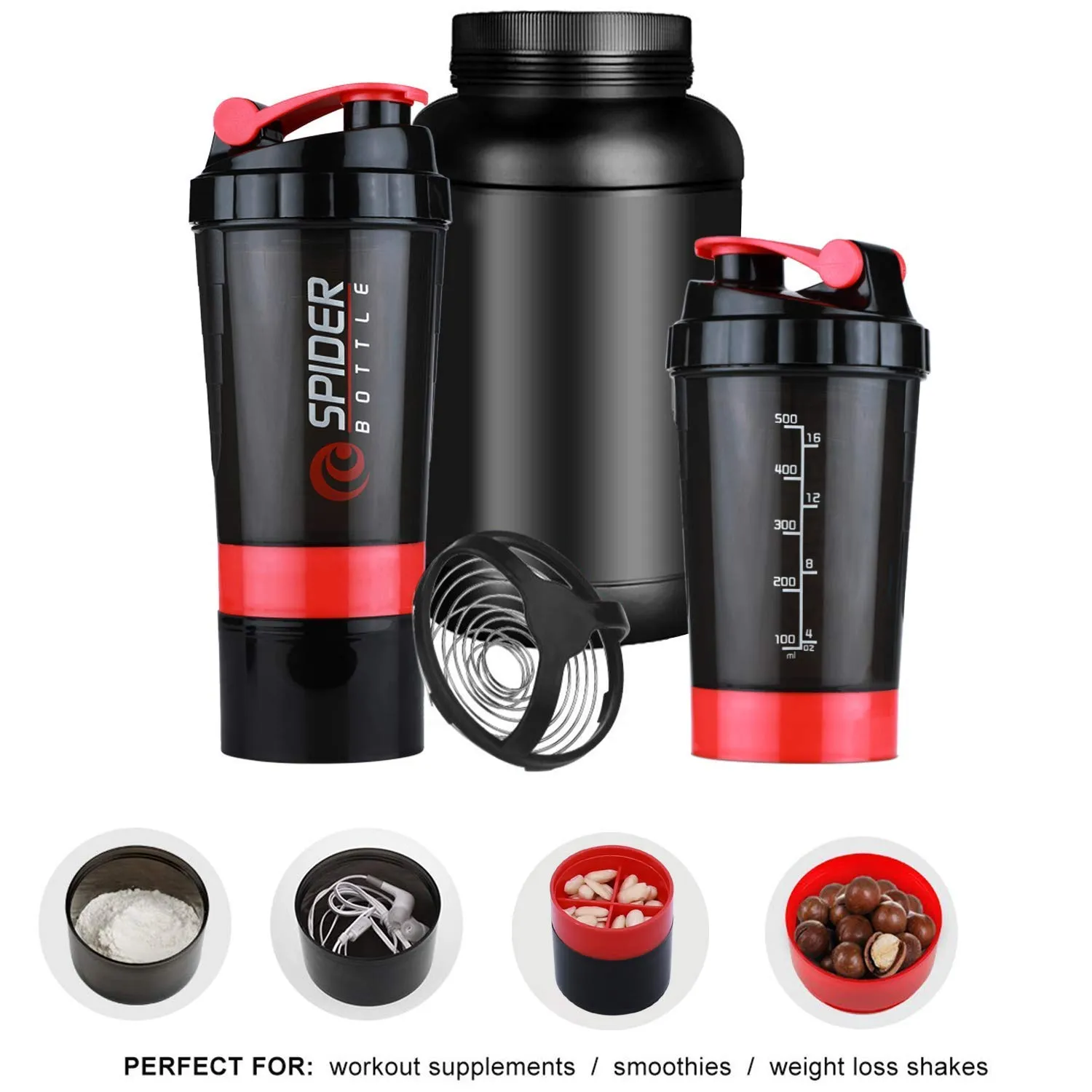 Plexmart Spider Protein Shaker Bottle with Extra two compartment Storage Spider Protein Shaker Cyclone Shaker Gym Protein Shaker Gym Protein Bottle BPA Free Shaker 500ml, Multi Color, Pack of 1