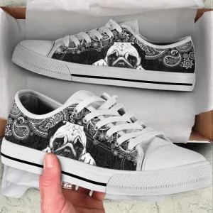 Pug Paisley Black White Low Top Shoes Canvas Sneakers Casual Shoes, Dog Printed Shoes, Canvas Shoes For Men, Women