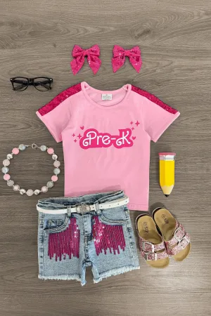 "Pre-K - Sixth Grade" Pink Denim Short Set