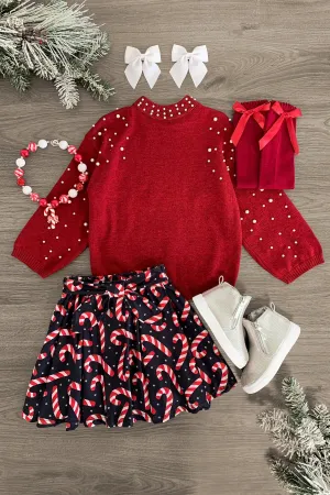 Red Candy Cane Pearl Skirt Set