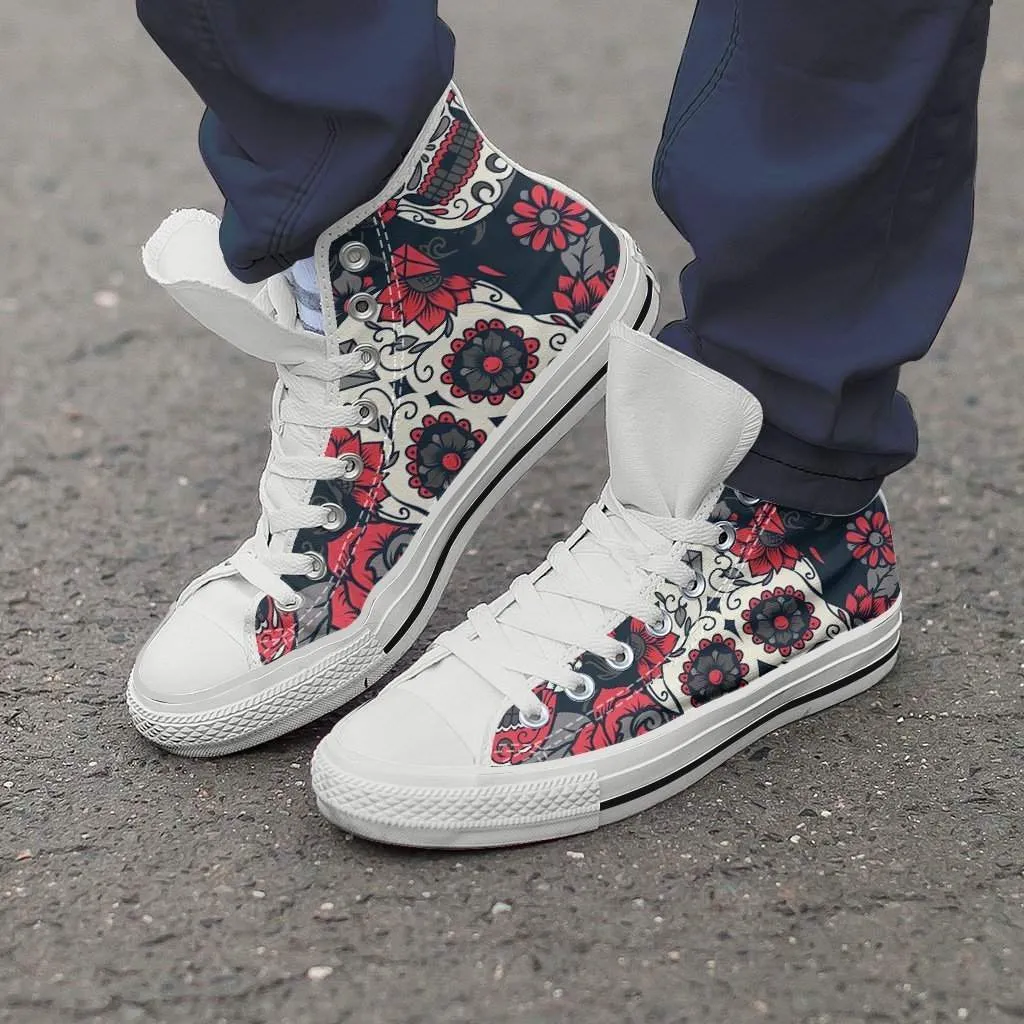 Red White And Black Skull Women High Top Shoes