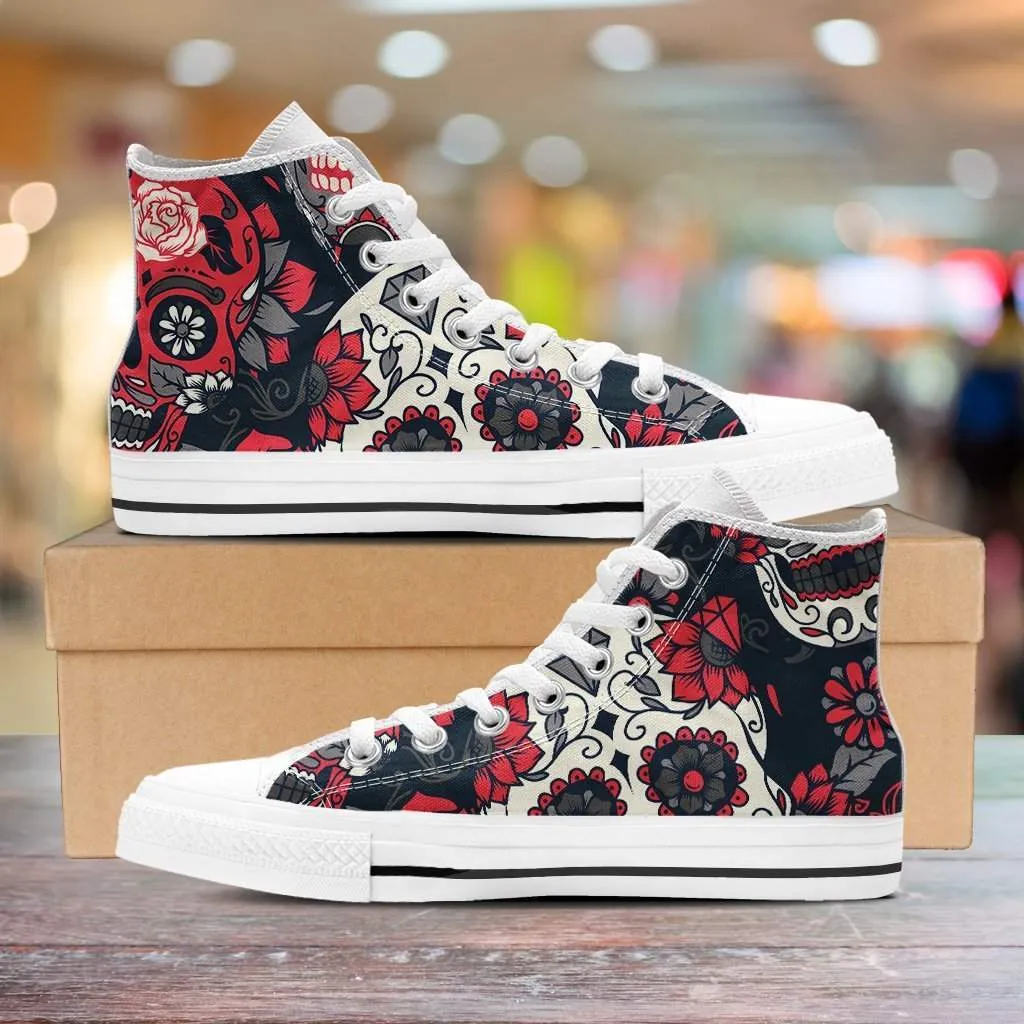 Red White And Black Skull Women High Top Shoes