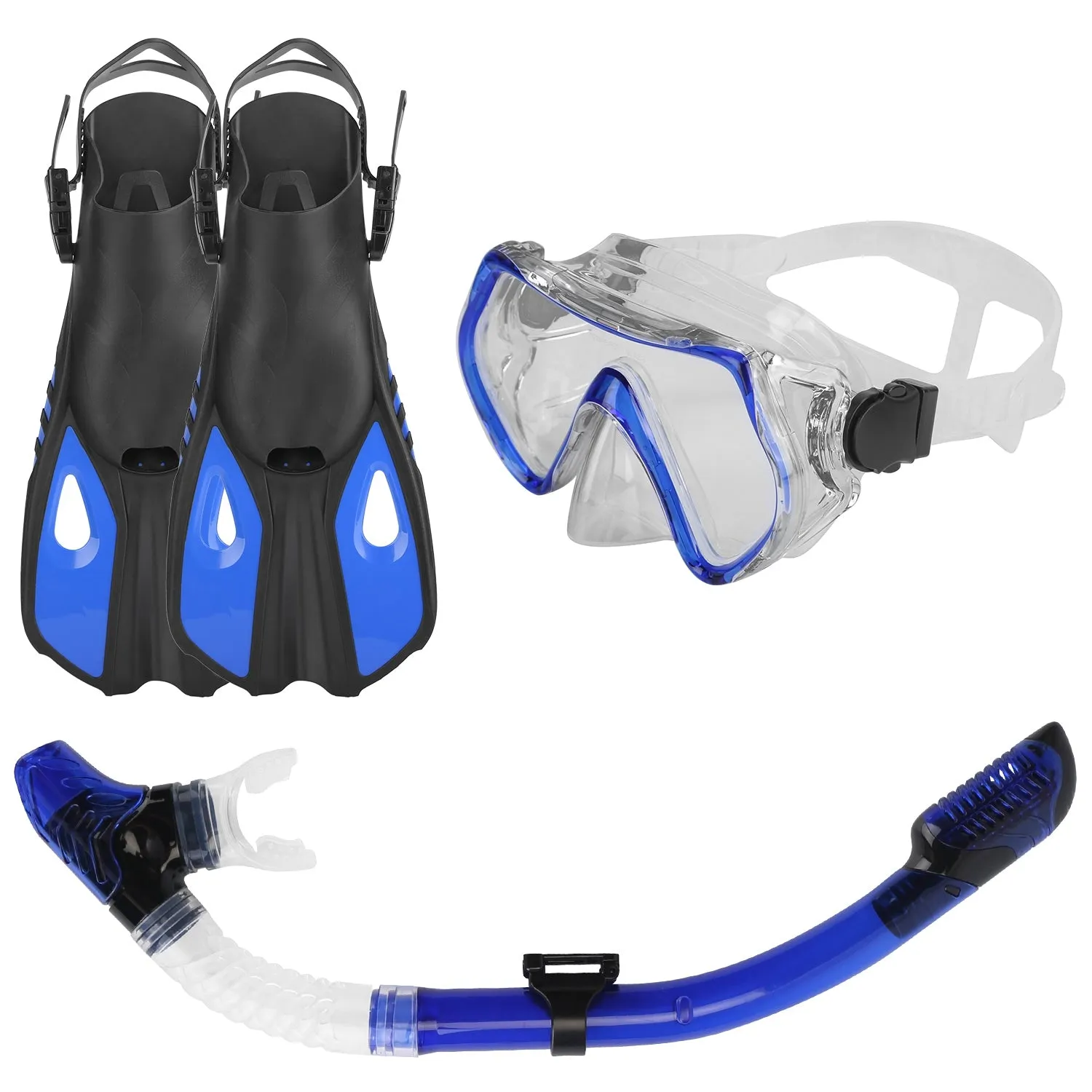 Snorkeling Gear Mask Fin Snorkel Set with Diving Mask Dry Top Snorkel Adjustable Swim Fins for Swimming Snorkeling Travel Diving