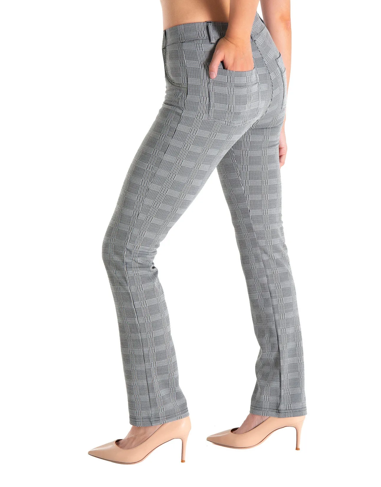 Straight Leg Yoga Dress Pants, 4 Pockets (Plaid)