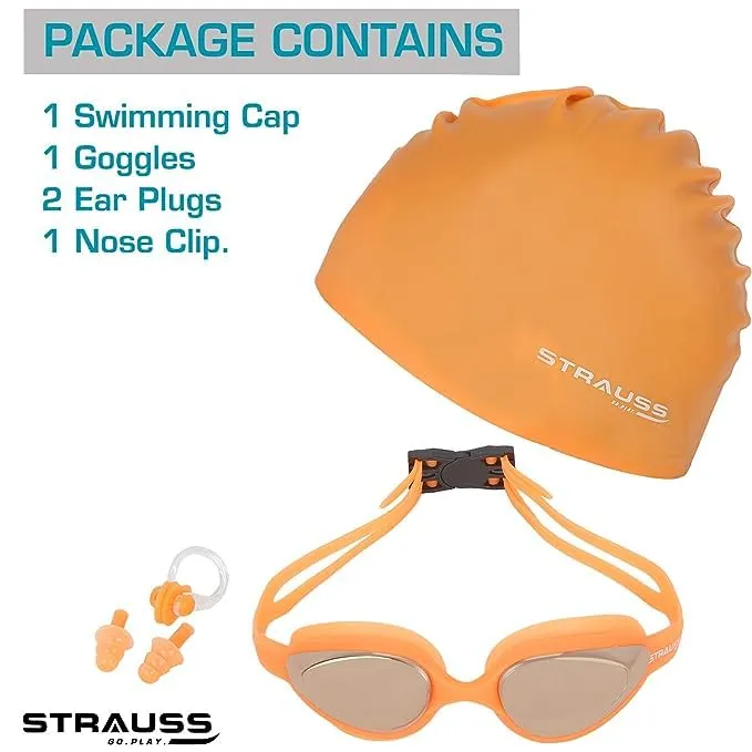 STRAUSS Swimming Goggles Set with UV and Anti Fog Protection | Swimming Kit of Goggles,Cap,Earplug & Nose Plug Set - Ideal for All Age Group | Pack of 4