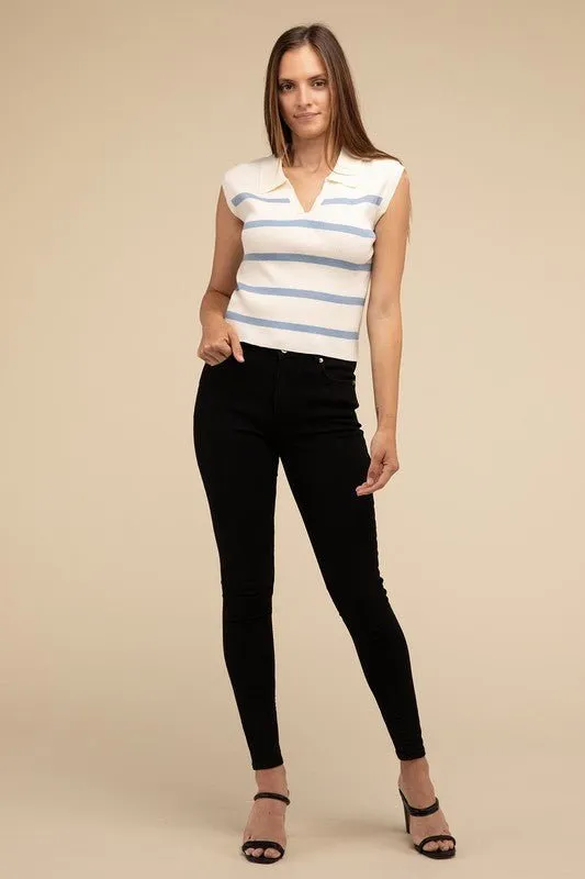 Striped Sleeveless Polo Top