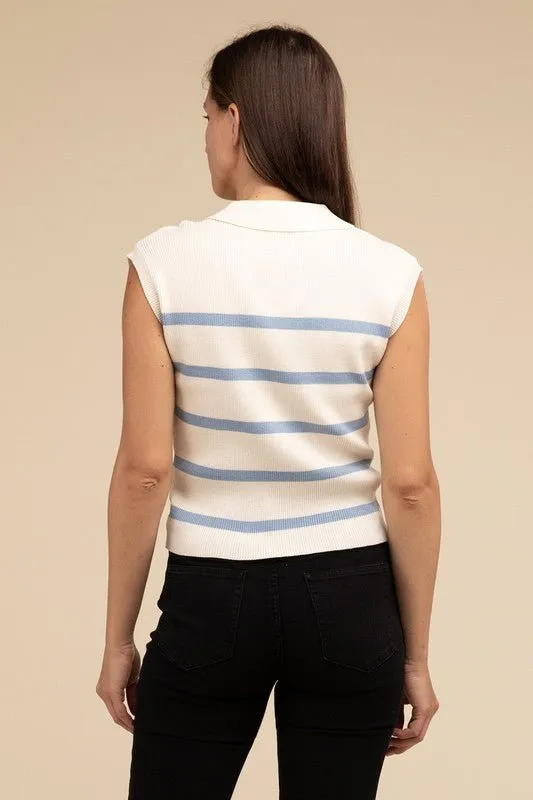 Striped Sleeveless Polo Top