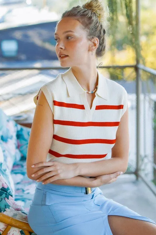 Striped Sleeveless Polo Top